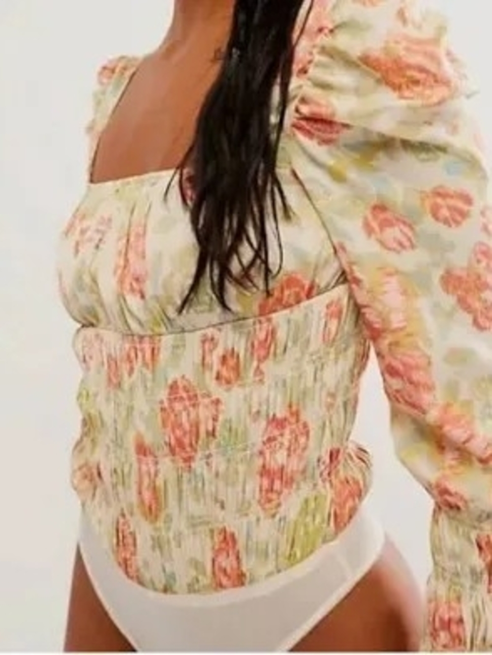 Free PEOPLE Smock It To You Floral Open-Back Smocked  Bodysuit M - Picture 2 of 7